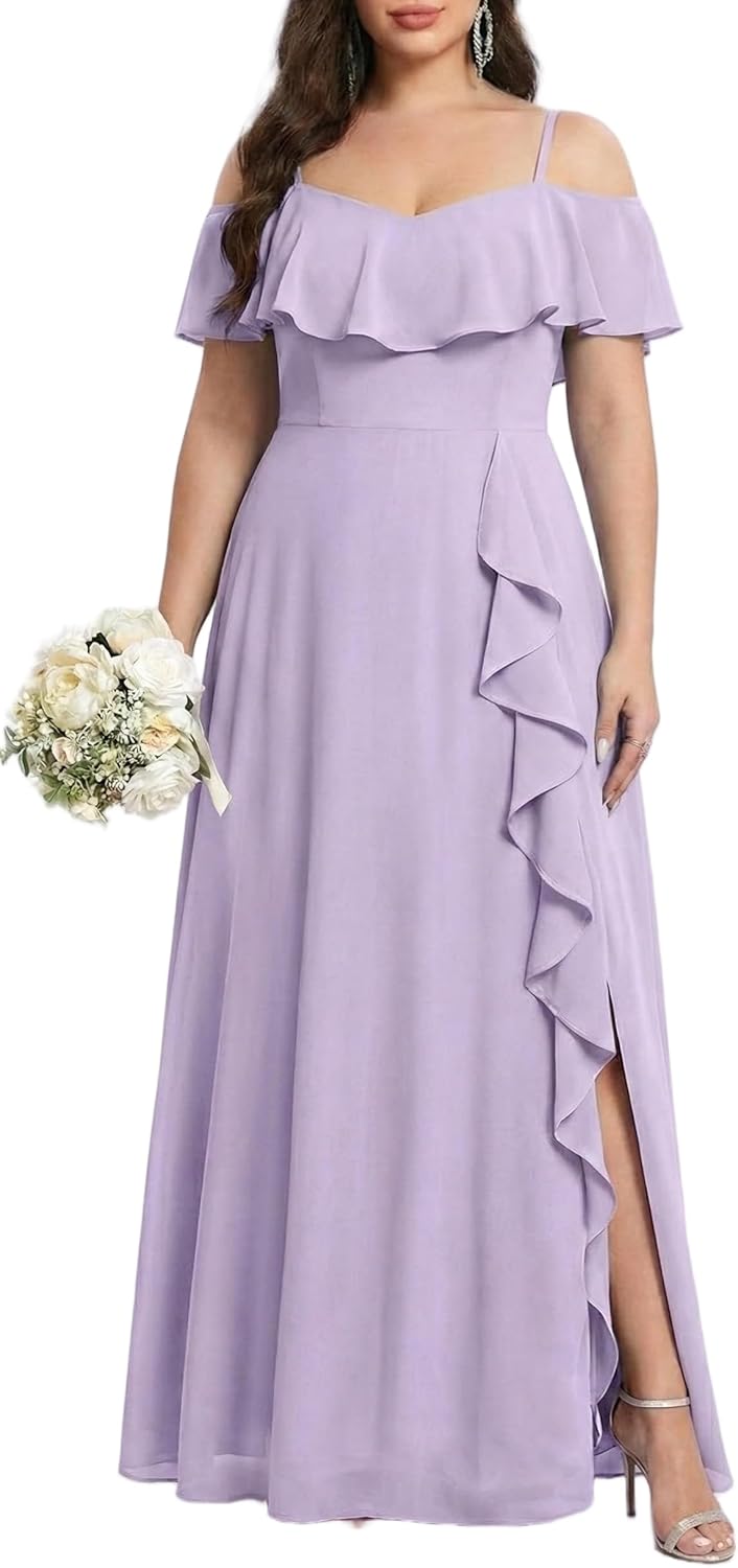 Plus Size Formal Dresses - Off Shoulder Chiffon High Slit Ruffle Wedding Guest Bridesmaid Prom Evening Dress