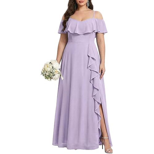 Plus Size Formal Dresses - Off Shoulder Chiffon High Slit Ruffle Wedding Guest Bridesmaid Prom Evening Dress
