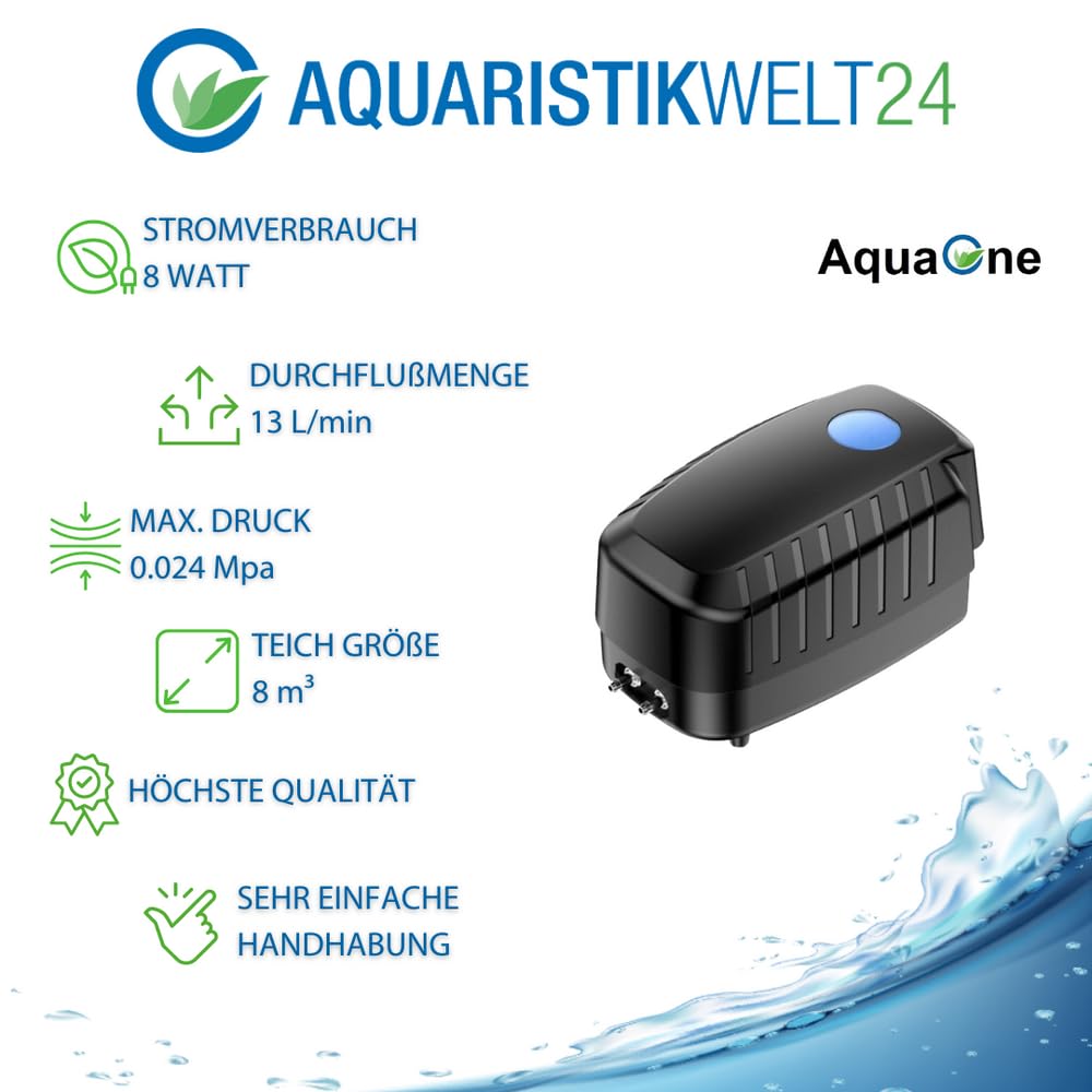 AquaOne Pompe à air CAP-20 I Pompe à aérateur 8 W en kit I Pompe à oxygène pour grands bassins de jardin de 8 m³ I Ventilation de bassin économe en énergie I Tuyau de diffuseur d'air inclus