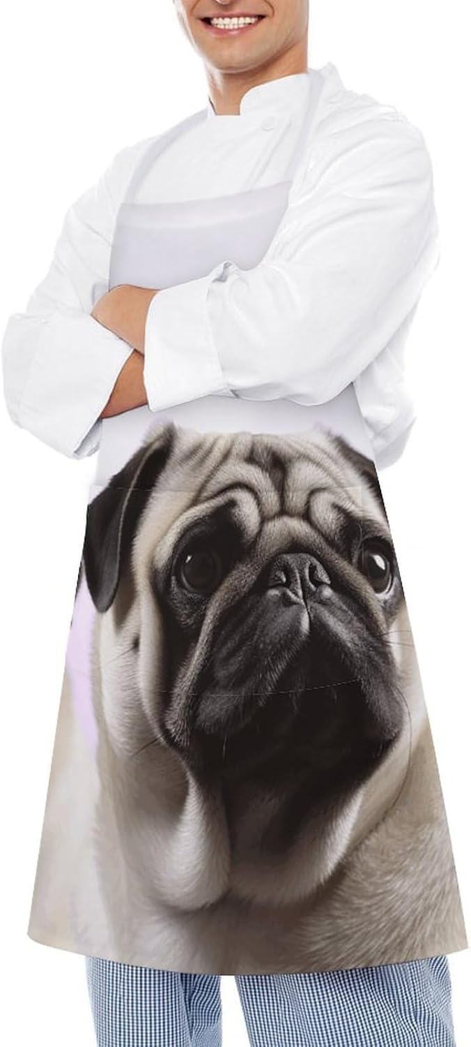 Pug Dog Apron Adjustable Chef Apron with Pocket for Men Women Waterproof Bib Apron Durable Cooking Apron for BBQ Baking Kitchen Cooking Apron