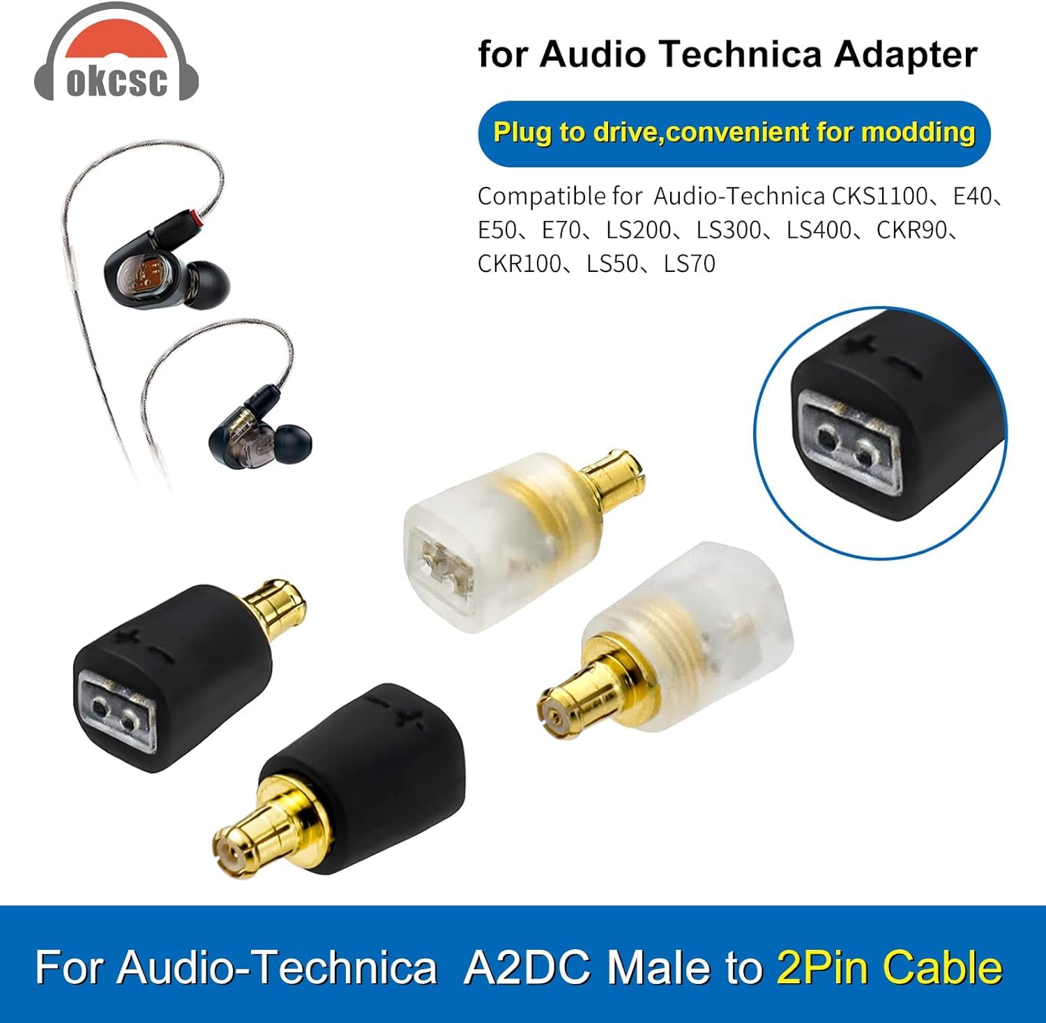 okcsc Adapters for Audio Technica ATH-LS70IS Male to 2 Pin Cable Compatible for ATH-LS200IS CKRS90Is HDC213A/1.2 CKS1100IS Headphones Lossless Sound Quality One Pair of Headphone Converter Clear - Image 3