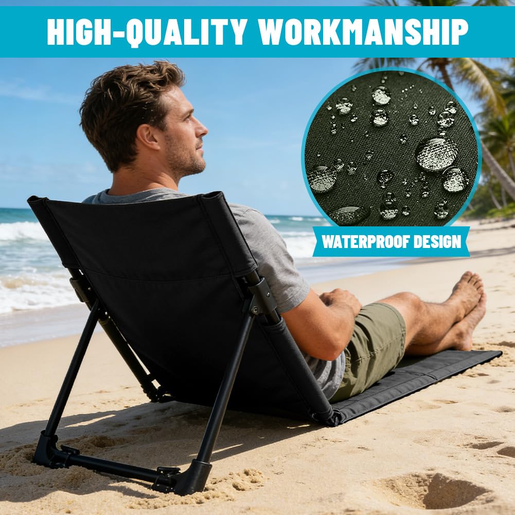 Strandmatte Sitzunterlage 0utdoor, Bodenstuhl mit Rückenstütze, Tragbar Klappkissen Strand Sitz für Strand Picknick Camping Outdoor Konzerte, 108 x 41 x 41 cm (Schwarz)