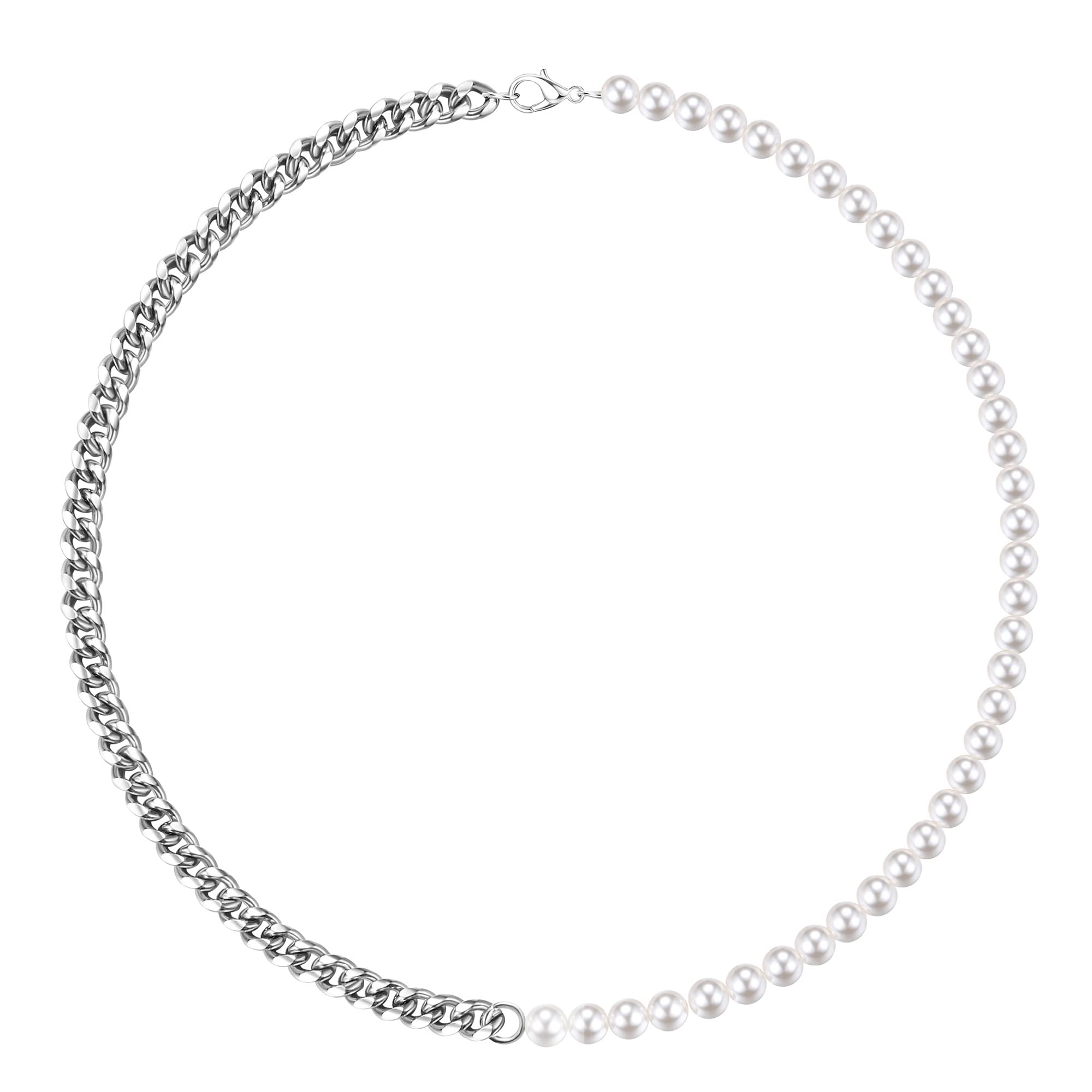 YADOCA Collar de Perlas para Hombre Collar Media Cadena Media Perla Acero Inoxidable Hip Hop de Plata Collares de Hombre Cadena Cubana/Fígaro