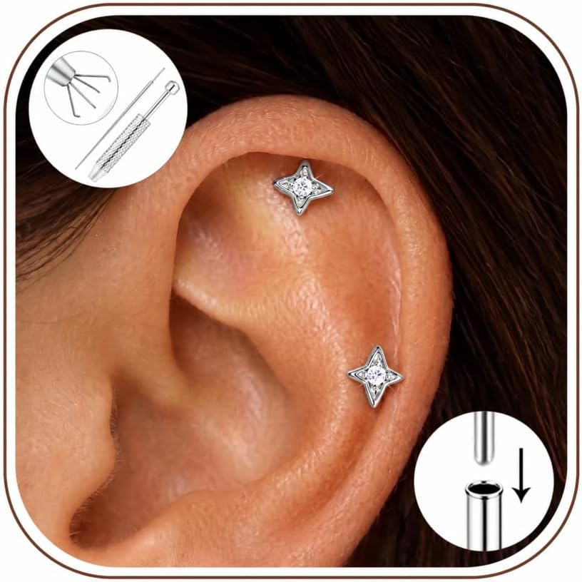 FASACCO 18G Flat Back Earrings Hypoallergenic Surgical Steel Threadless Flatback Stud Earrings for Women Men, 14K Gold Plated Star CZ Nose Studs Tragus Helix Conch Cartilage Piercing Jewelry