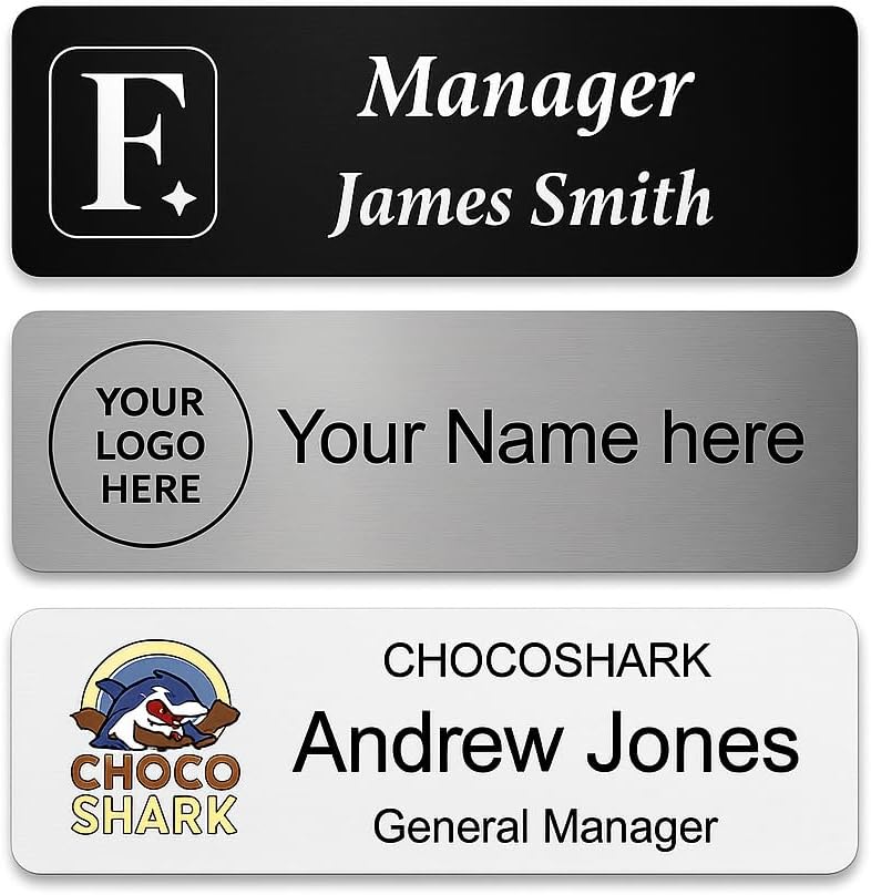 Custom Name Tag Badge with Text & Logo – Personalized ID Name Plate for Employees, Uniforms, Office – Pin or Magnetic Backing (Text)