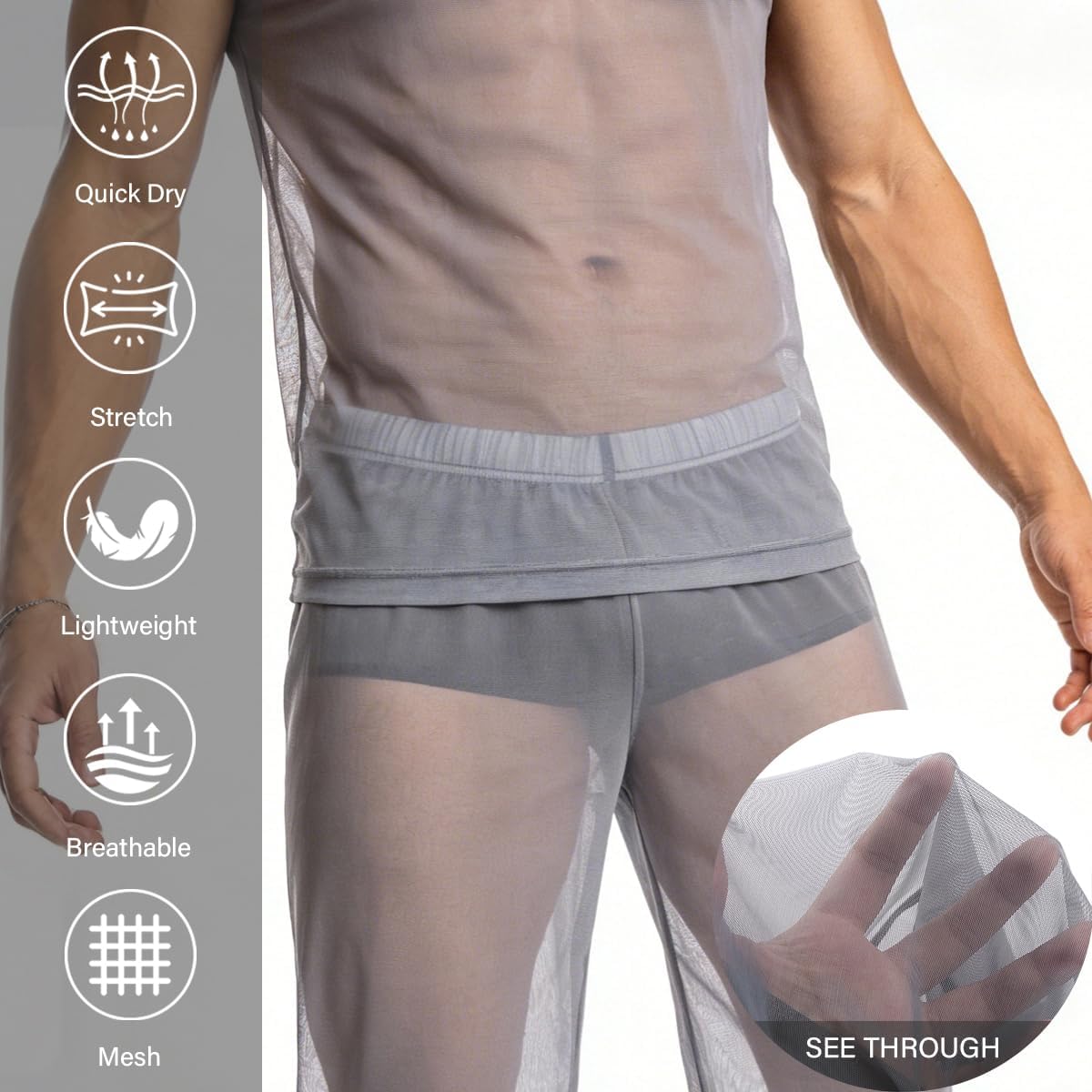YINYOUYU Mens See Through Pajamas Set Sexy Mesh Muscle T Shirt Lounge Pants Underwear Sheer Sleepwear Clubwear