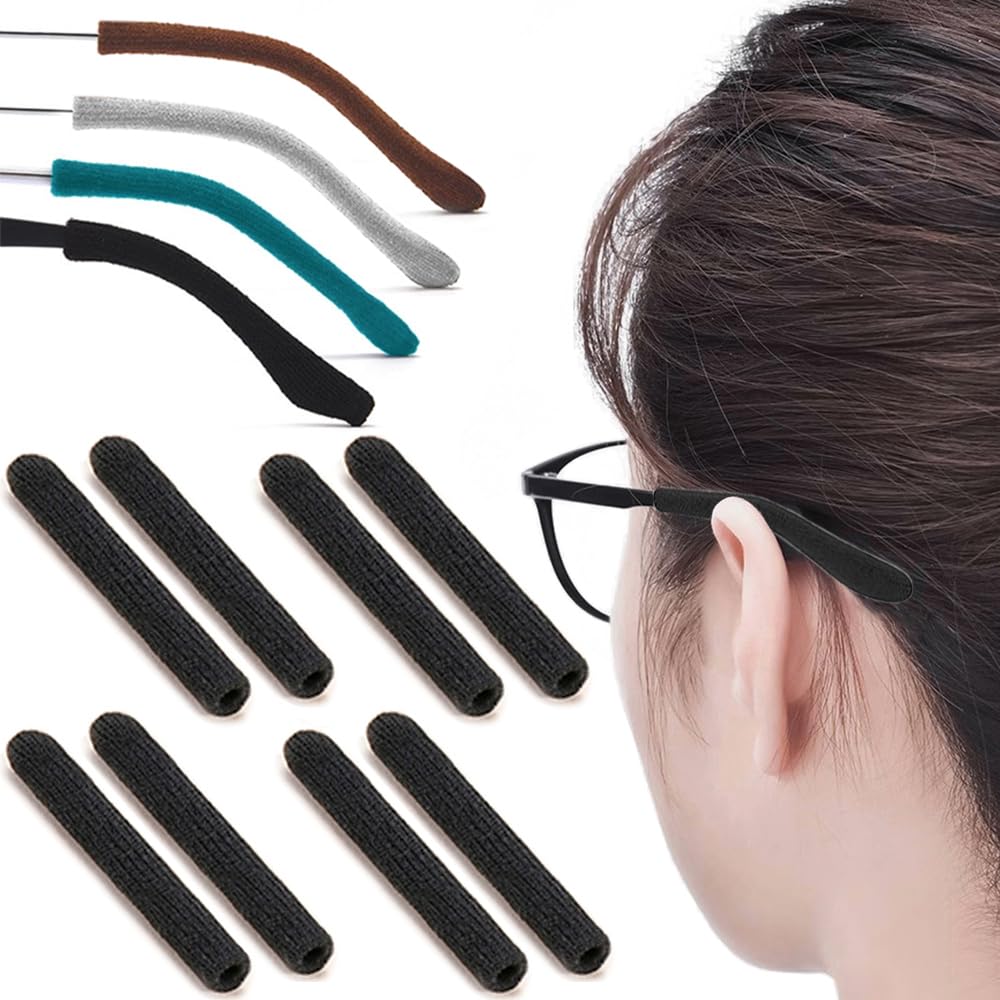 Cotton Glasses Ear Cushion, Anti-Slip Eyeglasses Temple Tips, 4 Pairs Black