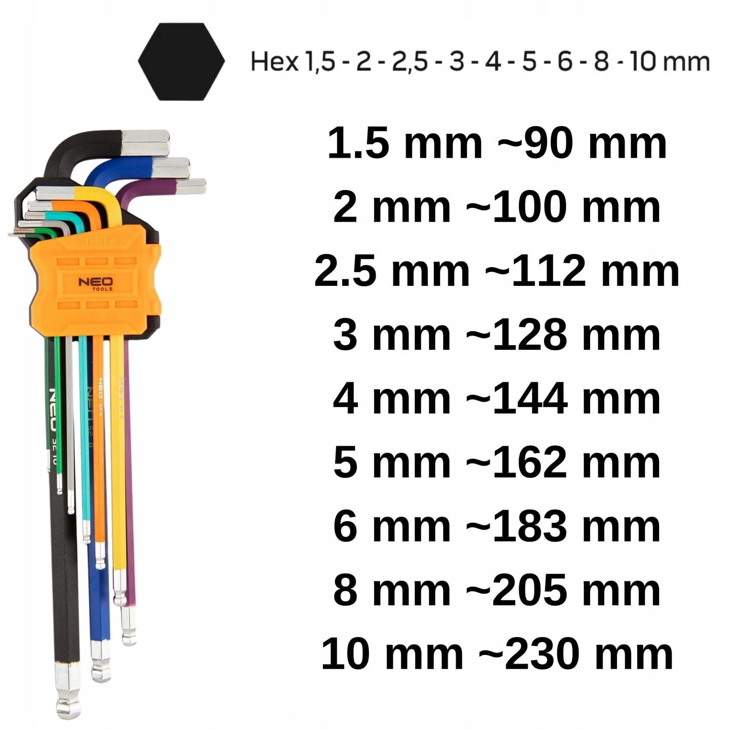 NEO TOOLS Innensechskant Satz 18tlg | Torx T10 -T50 und Hex 1,5 mm - 10 mm | Multicolour Innensechskant aus S2 Stahl | Lang Winkelschlüsselsatz mit Kugelkopf - Set in Kunststoffclip