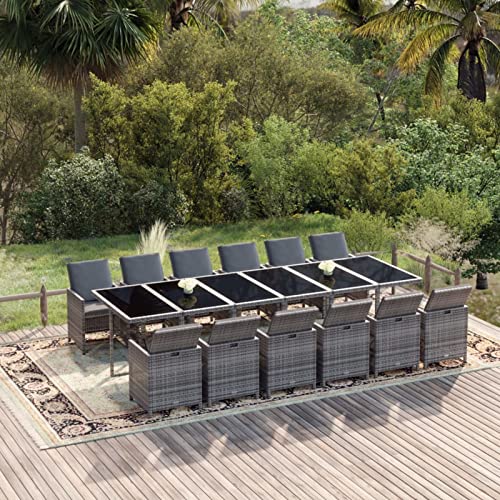 ShCuShan Set Comedor jardín 13 pzas con Cojines Conjunto Mesa y sillas terraza Conjunto Jardin Exterior Muebles Jardin ratán sintético Gris