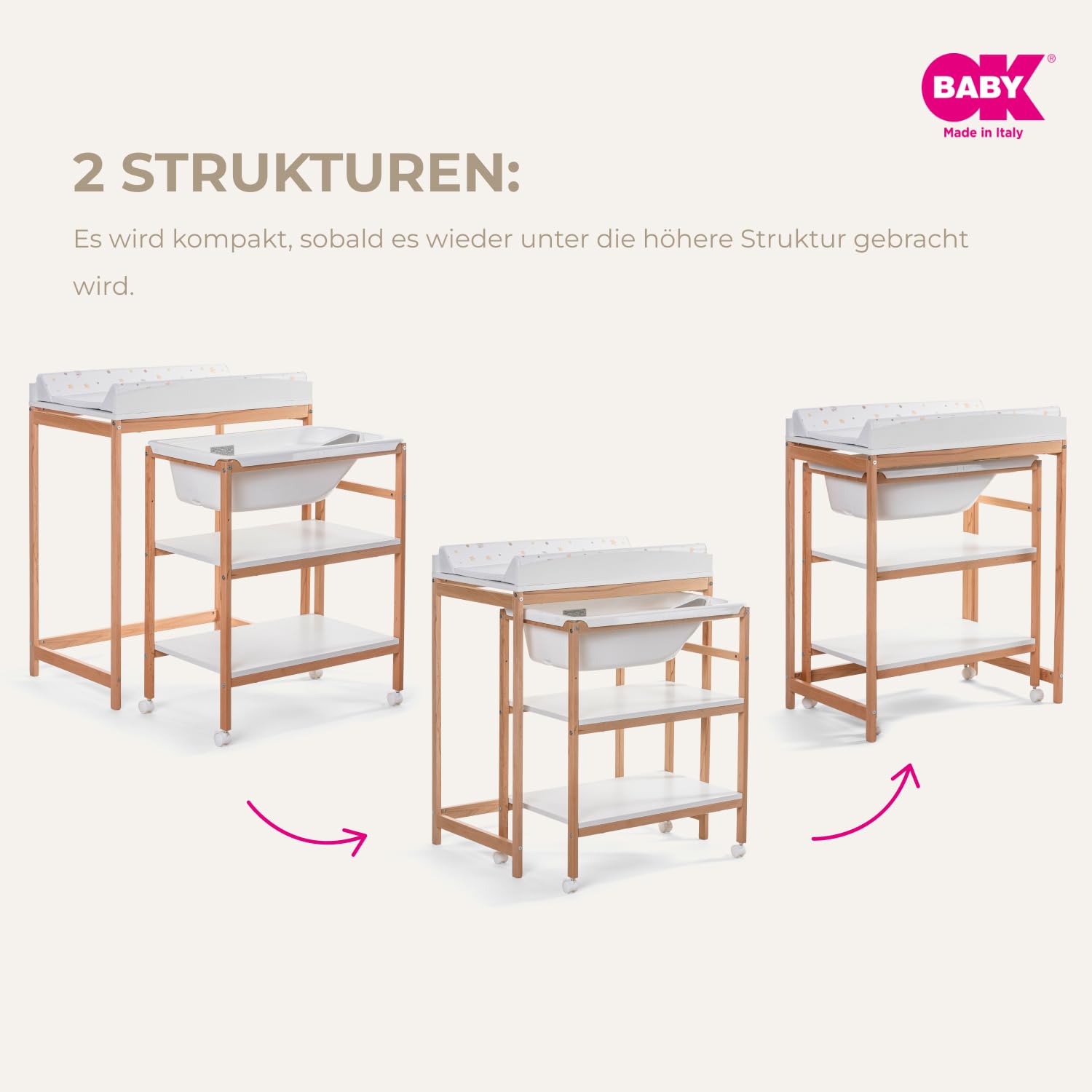 OKBABY Woody – Wickeltisch aus Holz mit ergonomischer Badewanne und Rädern, komplett mit weicher Wickelauflage für Neugeborene – 0–12 Monate (11 kg) – Weiß