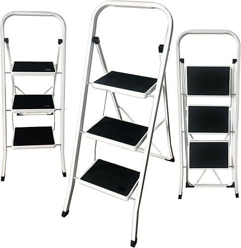 Escalera de acero de 3 escalones con mango plegable con pedal antideslizante ancho de 330 libras, taburete resistente para adultos, multiusos para