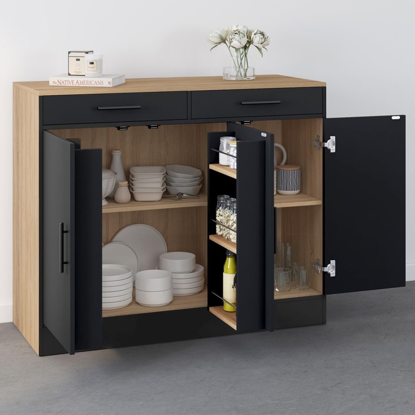 IDMarket - Buffet Bas de Cuisine 110 cm Alto façon hêtre et Noir | Avec rangements