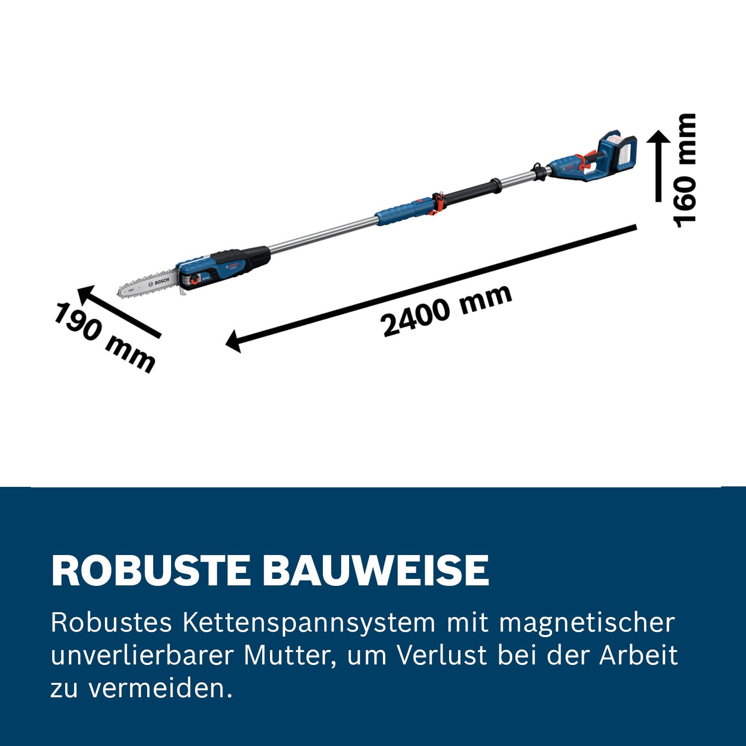 Bosch Professional 18V System Hochentaster GKE 18V-25 TP (130 Schnitte pro Akku-Ladung, 2,9-m-Teleskopstange, bürstenloser Motor, inkl. Schwertschutz 25 cm, Schraubenschlüssel, Schultergurt, o. Akku)