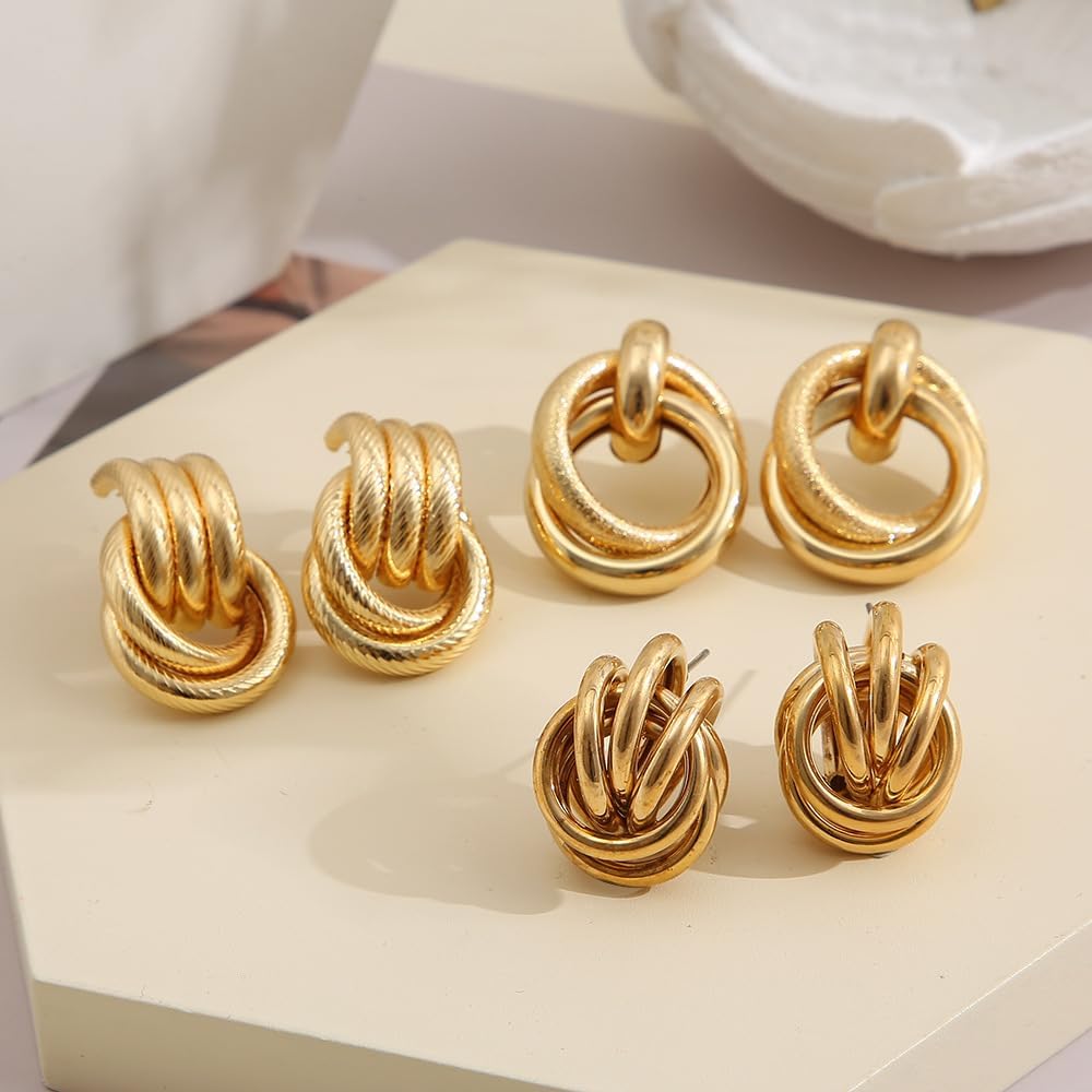 Gold Geometric Statement Earrings Gold Knot Earrings for Women Jewelry Chunky Dangle Drop Earrings - Image 3