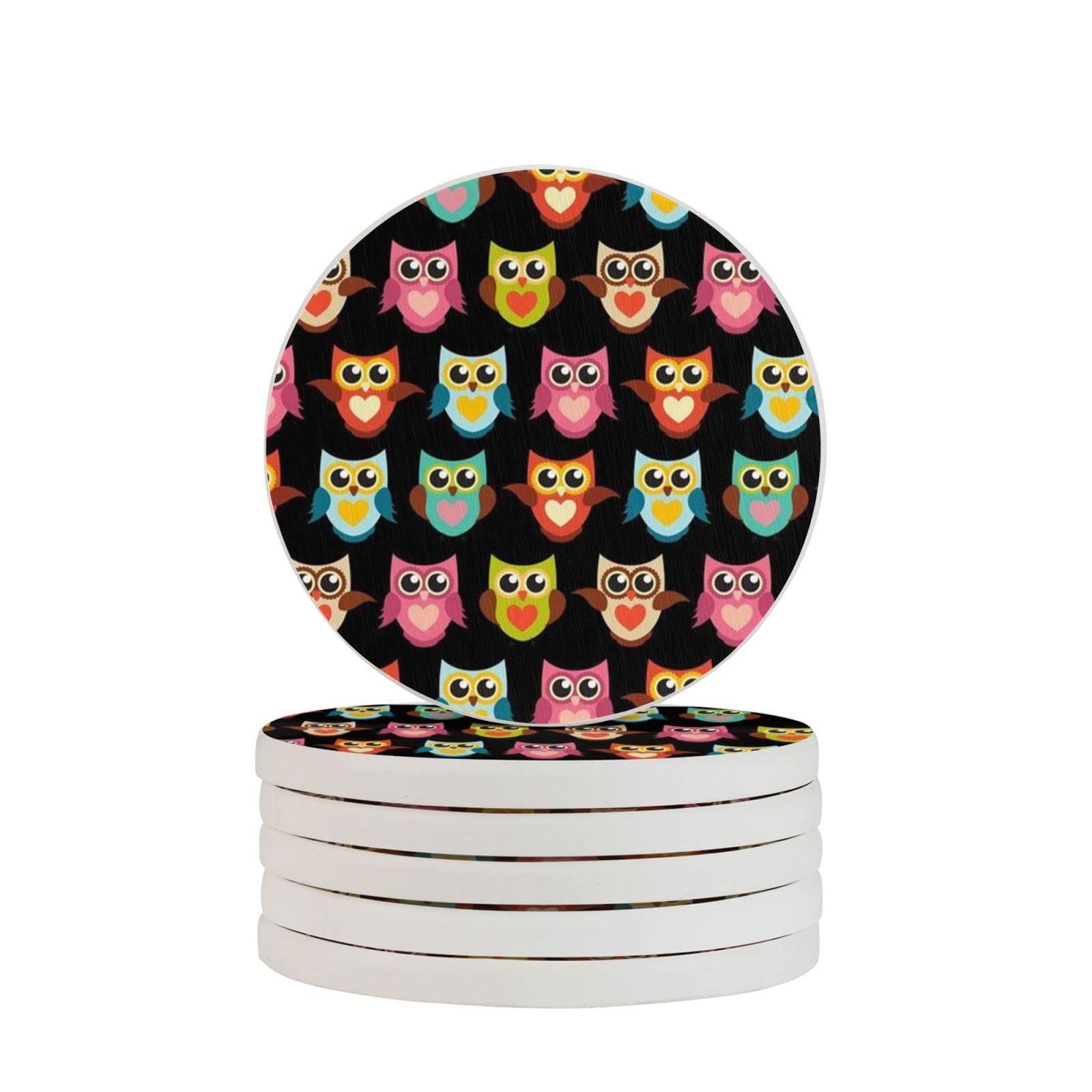 Owl in Colorful Six Piece Drink Coaster for Tabletop Protection Place Mats for Home Decor