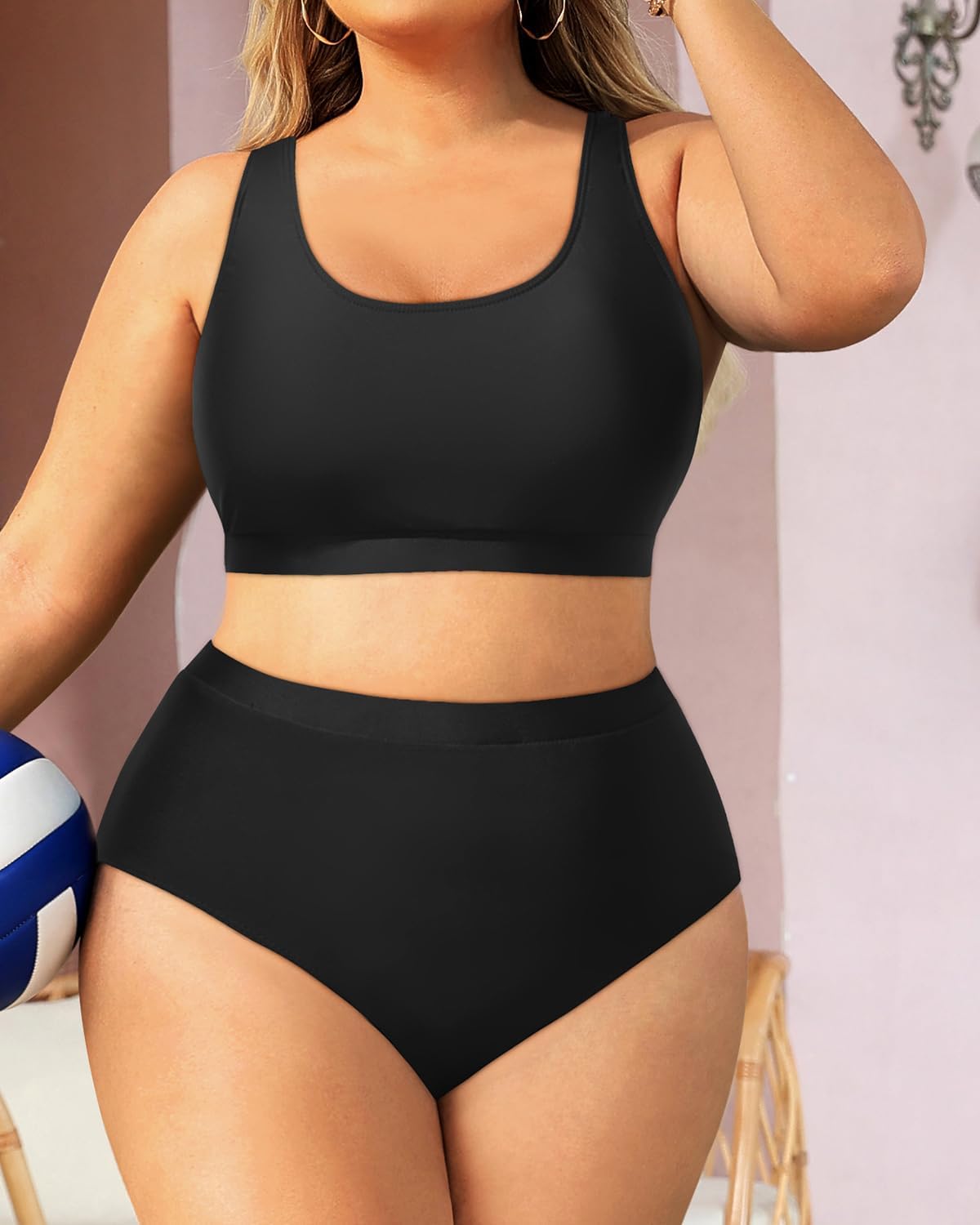 Daci Plus Size Two Piece Swimsuit High Waisted Bikini Set Sport Scoop Neck Swimsuit Full Coverage Bathing Suit