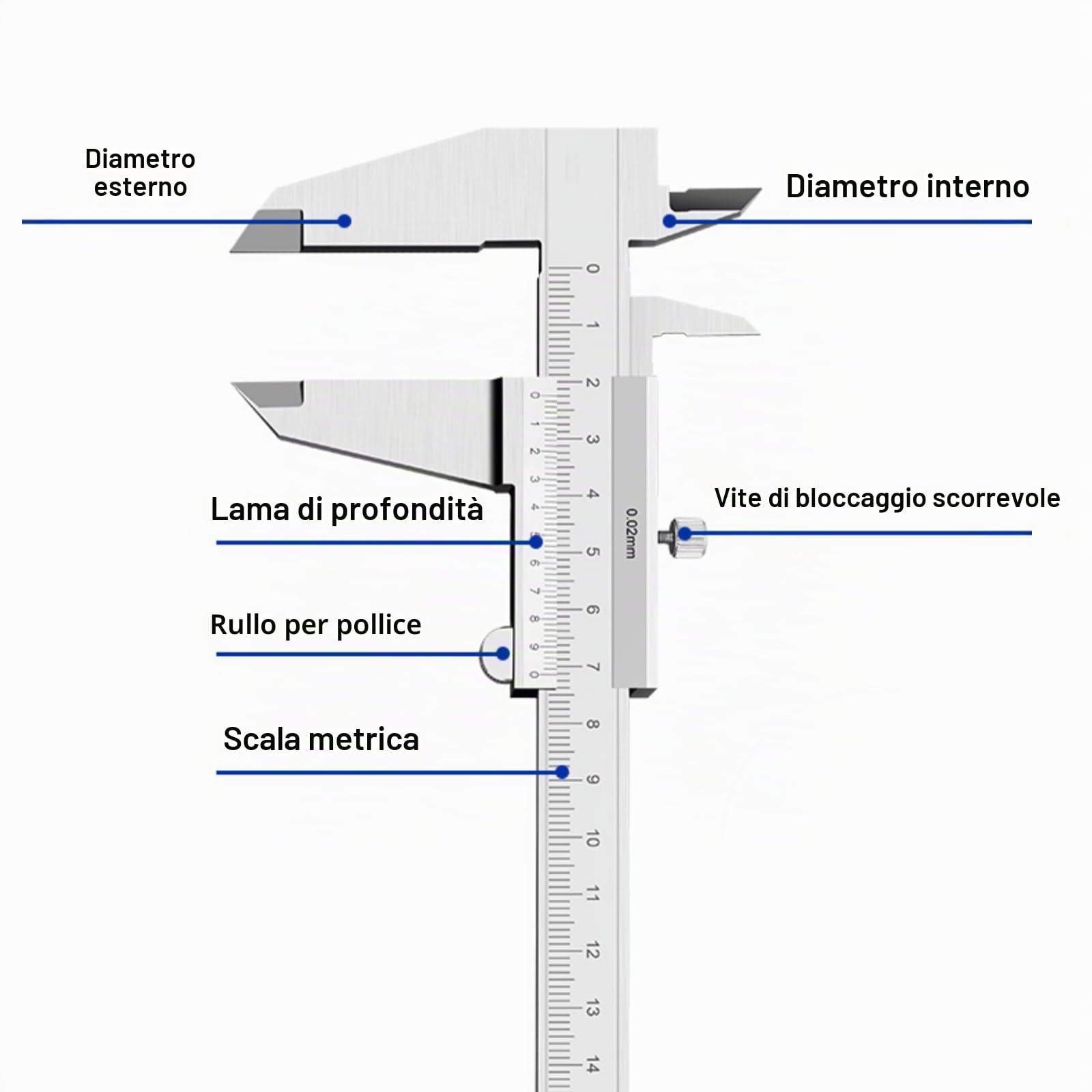 Calibro a Corsoio, 150mm Calibro in Acciaio Inox, Calibro Di Precisione Strumenti Di Misurazione Calibro Analogico per Misurzione Esterna Interna Profondità Argento
