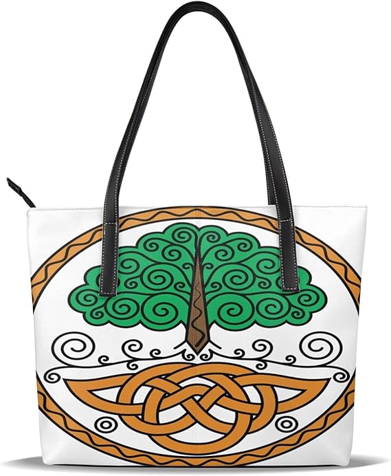 Amazon レディースハンドバッグ 革 人気 オシャレ ケルトスカンジナビアスタイルのイラスト 世界樹ユグドラシルとセルティック 手提げバッグ レザー 女性用 通勤 旅行 ビジネス 誕生日 バレンタインデー プレゼント 母の日 ピアノ フォーマルバッグ