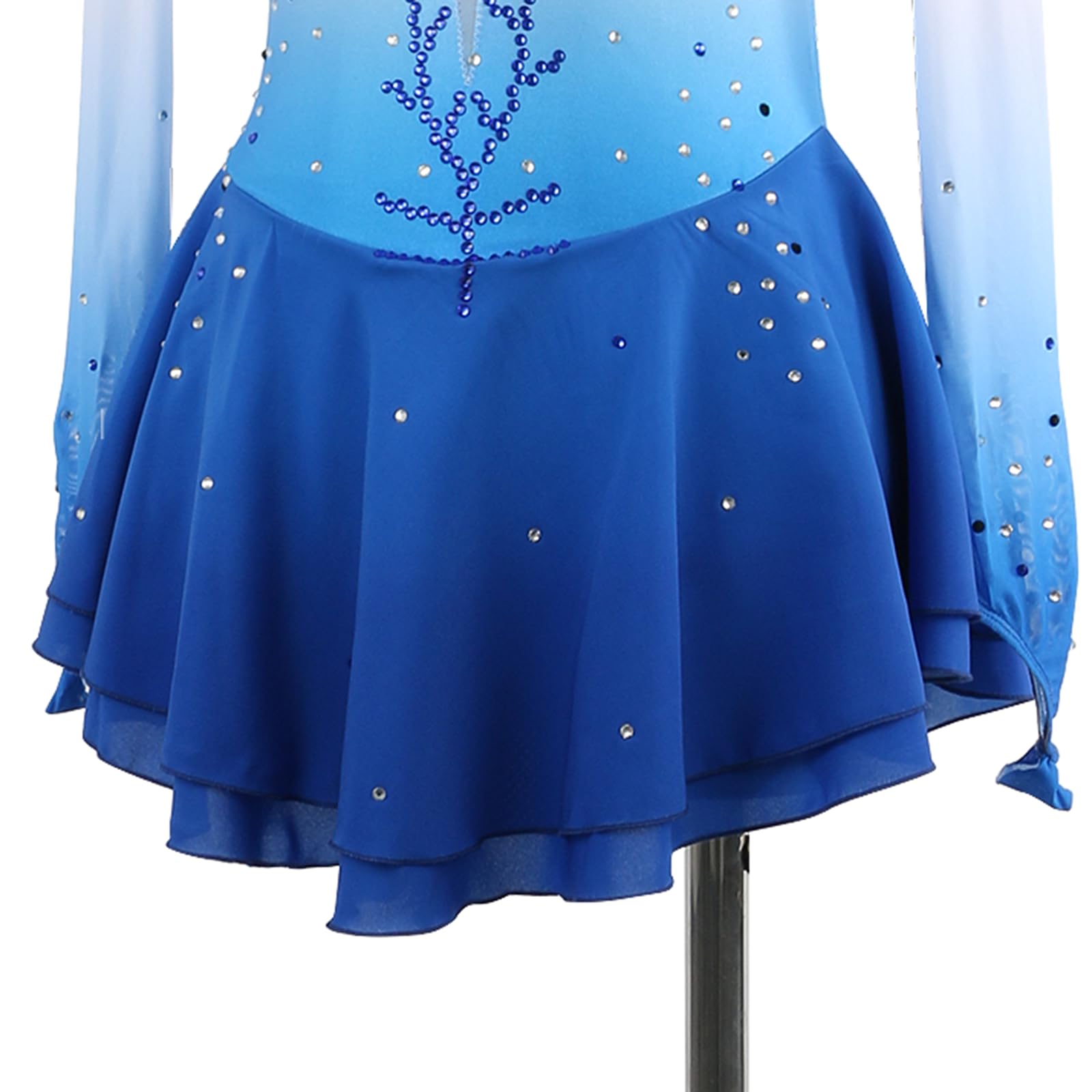 Vestido de Patinaje artístico, Cuello Alto con Diamantes de imitación degradados, Traje de competición, Leotardo de Danza lírica y Gimnasia, Vestido de Patinaje sobre Hielo (Azul XXL)