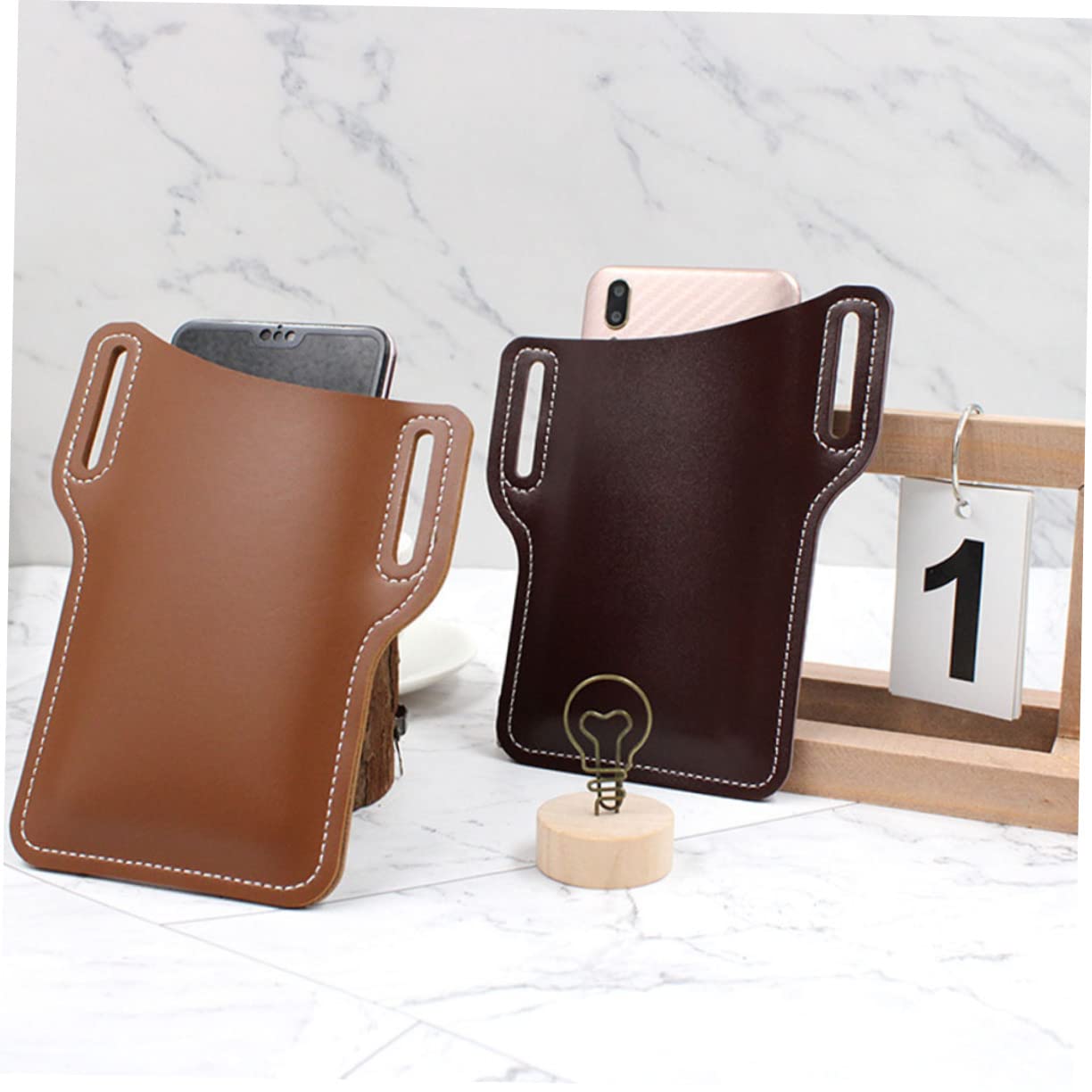 GARVALON 2 Stück Handy Gürteltasche Pu Schutzhülle Outdoor Handytasche Hüfttasche Für Herren Rotbraun Und Hellbraun