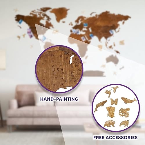 Miniatura 4 de HYPERI Wooden World Map Wall Art Travel, Wood World Map Wall Decor, Mapa del Mundo Para Pared, Places I've Been, Decor for Home Office, Wooden