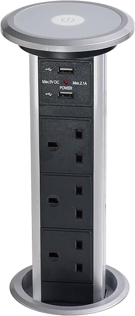 Leyton Lighting POW-5M Motorised Pop-up Socket Power Port & USB Charger, Silver