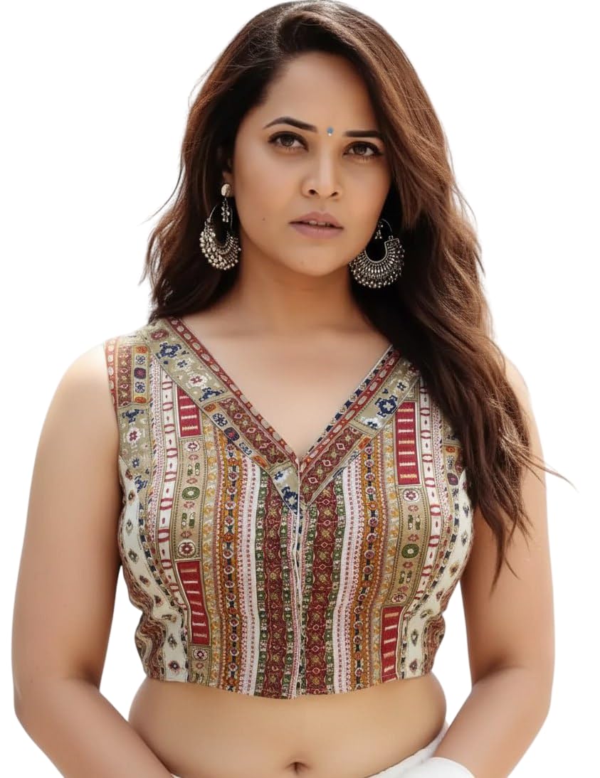 dhwanix look Traditional Ethnic V-Neck Crop Top Blouse for Women, Printed Pattern Design, Size 38, Sleeveless Style with Adjustable Waist, Indian-picture-56