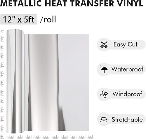 Miniatura 10 de AHIJOY Vinilo de transferencia de calor, holográfico, plateado, para planchar, vinilo metálico HTV de 12 x 5 pies, vinilo cromado HTV para prensa de
