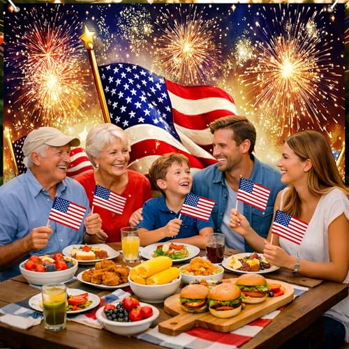 Image of BlissYard 4th of July Backdrop American Flag Fireworks Patriotic Party Decorations 8x6ft for Memorial Day Veterans Day Independence Day Party Photo Booth Red White Blue Stars Stripes
