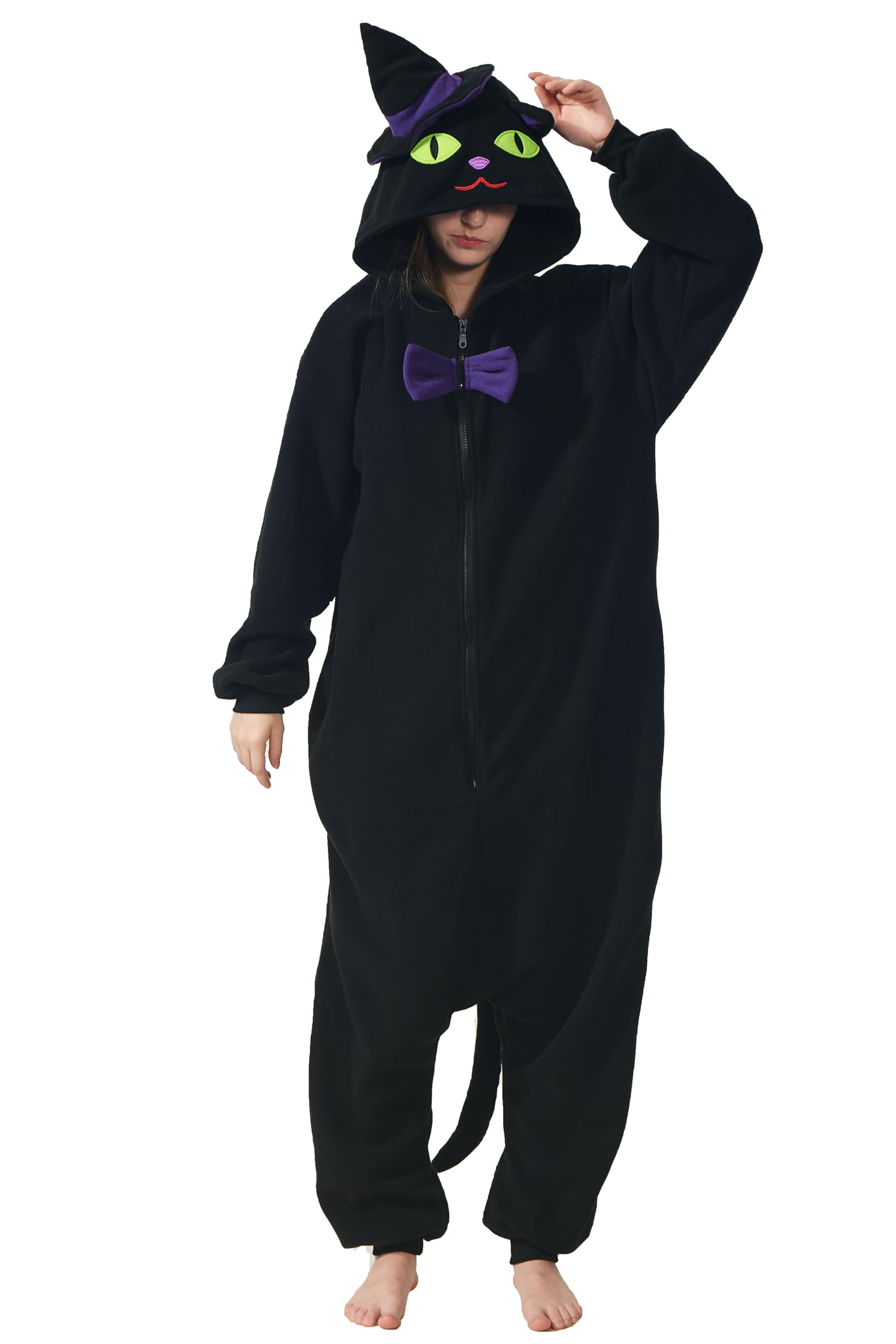 Kostium czarnego kota dla dorosłych unisex jednoczęściowa piżama Halloween Boże Narodzenie zwierzę cosplay z kapeluszem czarownicy