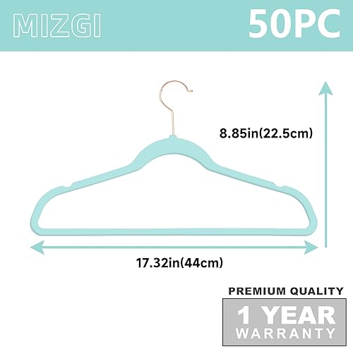 Miniatura 6 de MIZGI Perchas de terciopelo de alta calidad (paquete de 30) resistentes - perchas de fieltro antideslizantes - azul aguamarina - Ganchos de oro