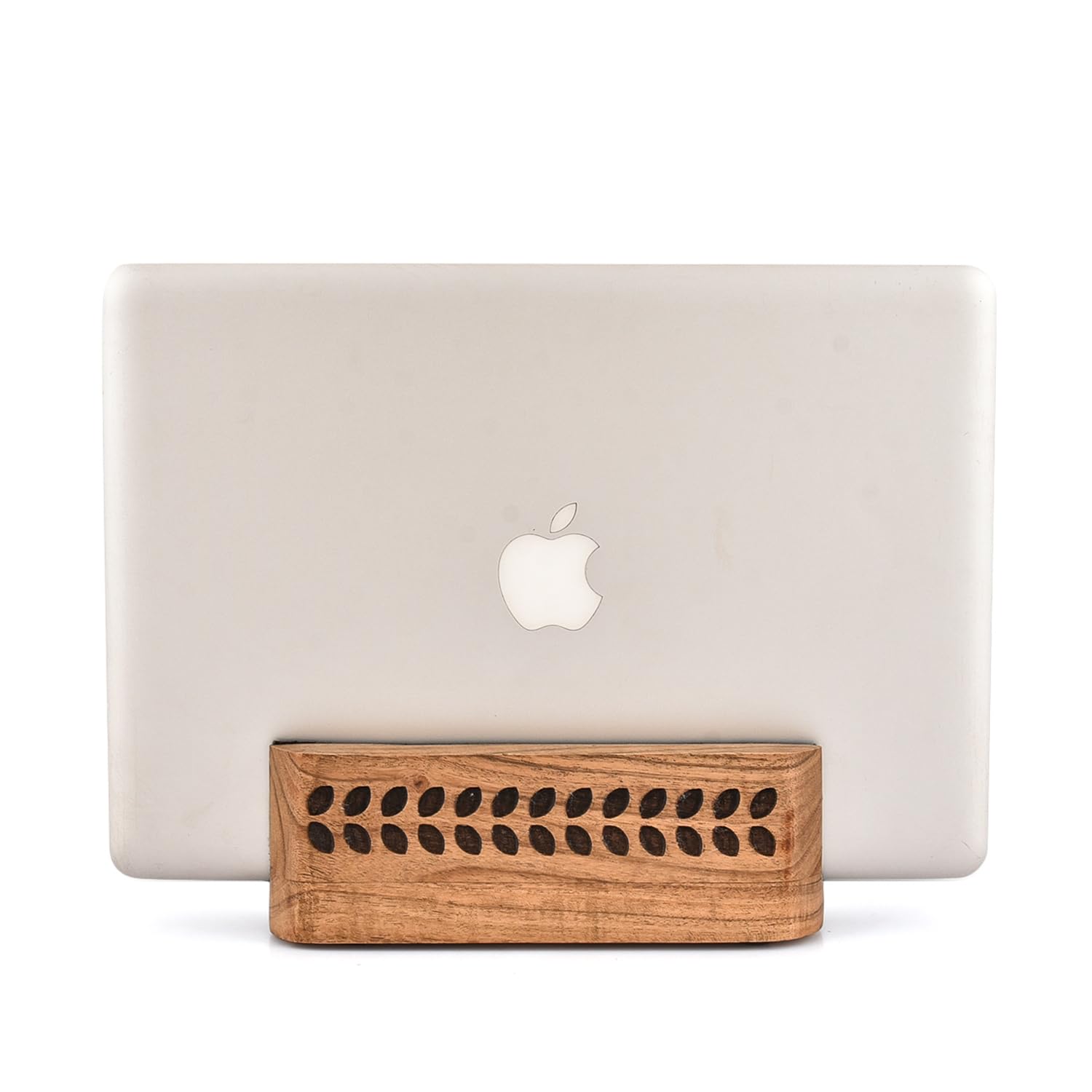 Supporto verticale in legno di acacia naturale per laptop e tablet, elegante organizer da scrivania per Apple, Microsoft, dispositivi di gioco (20,3 x 5,8 x 6,3 cm)