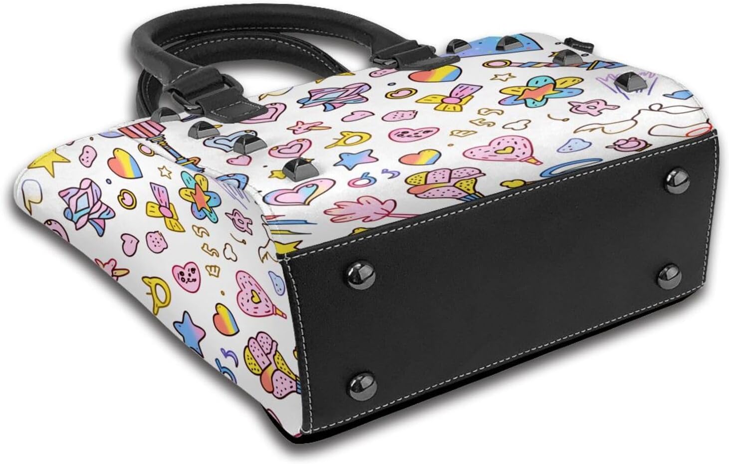 Leather Shoulder Bag for Women, Rainbow Heart Studded Purse Cute Sketch Star Crossbody Handbags Punk Hobo Bag with Adjustable Strap