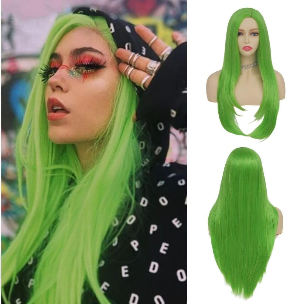 Salaibs Green Straight Long Wigs for Women Side Part Cosplay Wig Heat Resistant Synthetic Fiber Hair Wig for Halloween Costume Party Use