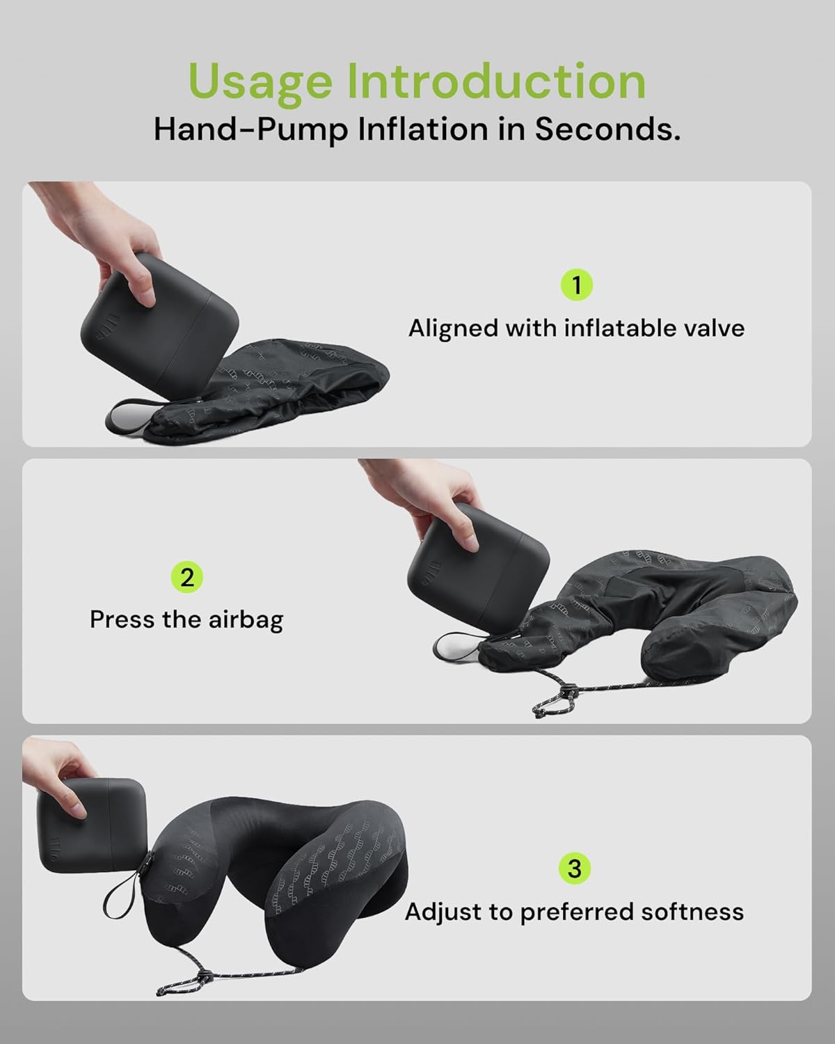 BENEUNDER Travel Neck Pillow for Airplane, Inflatable Compact 360°Head Support Pillow, Comfortable Breathable Cover for Travel, Train,Car with Storage Bag, Black - Image 7