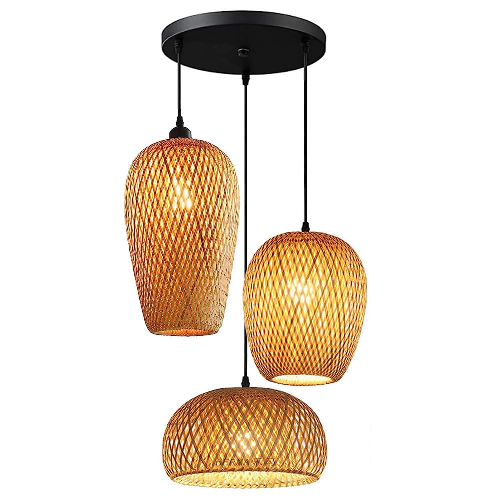 Lampadario A Sospensione In Rattan E Bambù 3 Luci – Rustico Fattoria, Cesto Intrecciato, Regolabile 150cm