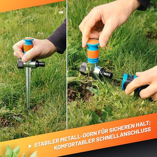 GRÜNTEK Kreisbogen-Regner, Garten Sprühregner, Kreisregner mit stufenlos einstellbarem Bewässerungs-Bereich 0 bis 360 Grad, Stabiler Metall-Dorn, Sprinkler aus Wetter- und UV-festem ABS-Kunststoff