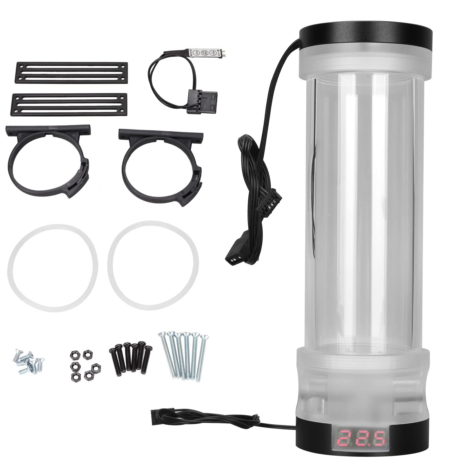 210mm Water Cooling, G1/4 Acrylic Cylinder Water Reservoir with RGB Lighting, 300ML DIY Computer Water Cooling Pump with Temperature Display, Noise Reduction(Black Red Temperature