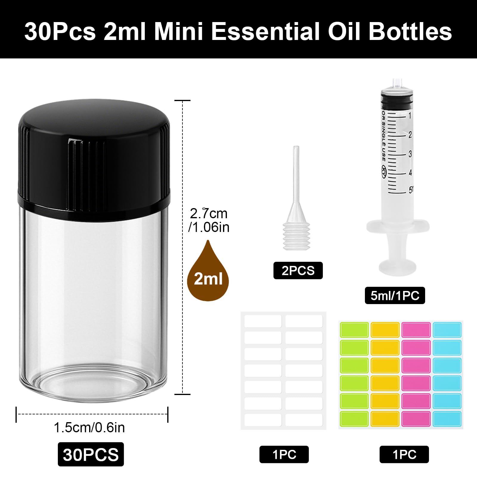 30Pcs 2ml Botellas de Muestra de Vidrio, Botellas de Vidrio transparente, Pequeños Recipientes de Aceites Esenciales con Jeringas, Goteros, Etiquetas para Aromaterapia, Perfumes