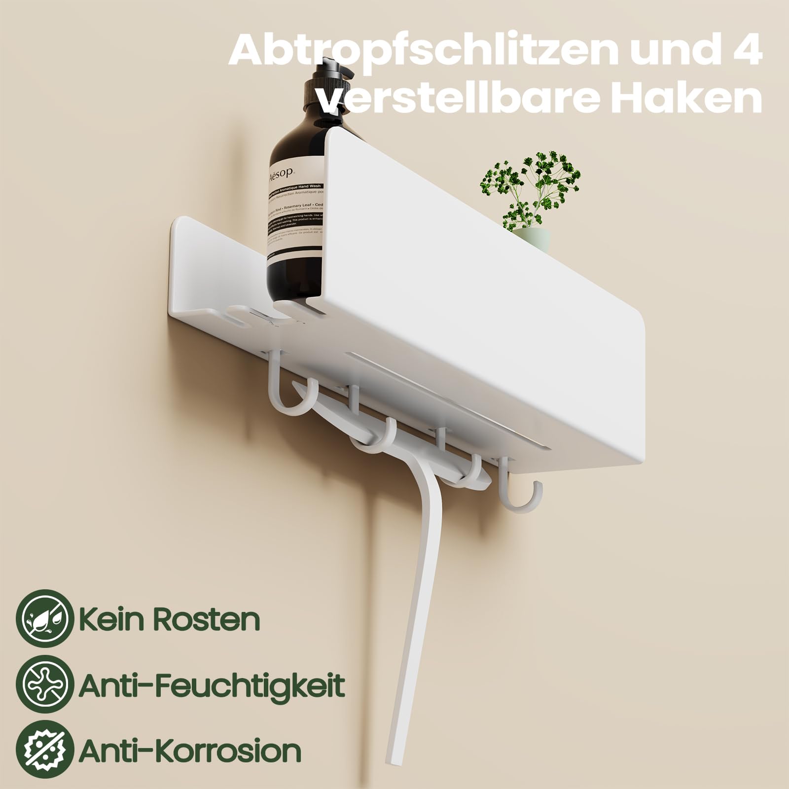 REKITA Duschablage ohne Bohren - 2 Stück, Badezimmer Organizer, Duschablage Edelstahl mit 4 Abnehmbaren Haken, Shampoo Halterung für Dusche, Hängeregal, Badregal Weiß