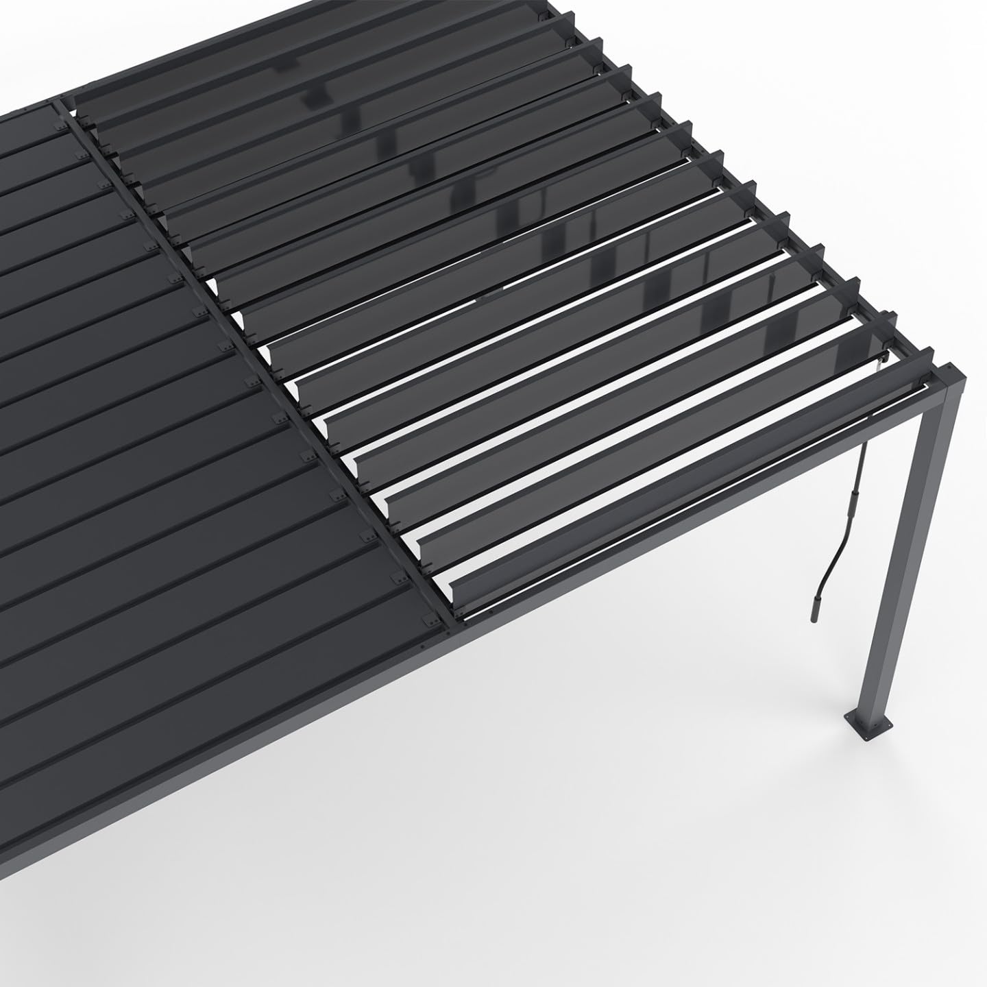 Pérgola bioclimática con lamas orientables de acero de 3x4 m y 4 toldos gris antracita