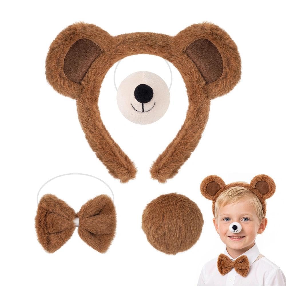 AYZDJ Four-Piece Bear Ears Headband, Nose, Bow Tie, and Tail Costume Set – Adorable Bear Costume for Kids and Adults, Perfect for Halloween, Carnival, and Storybook Character Theme Parties.