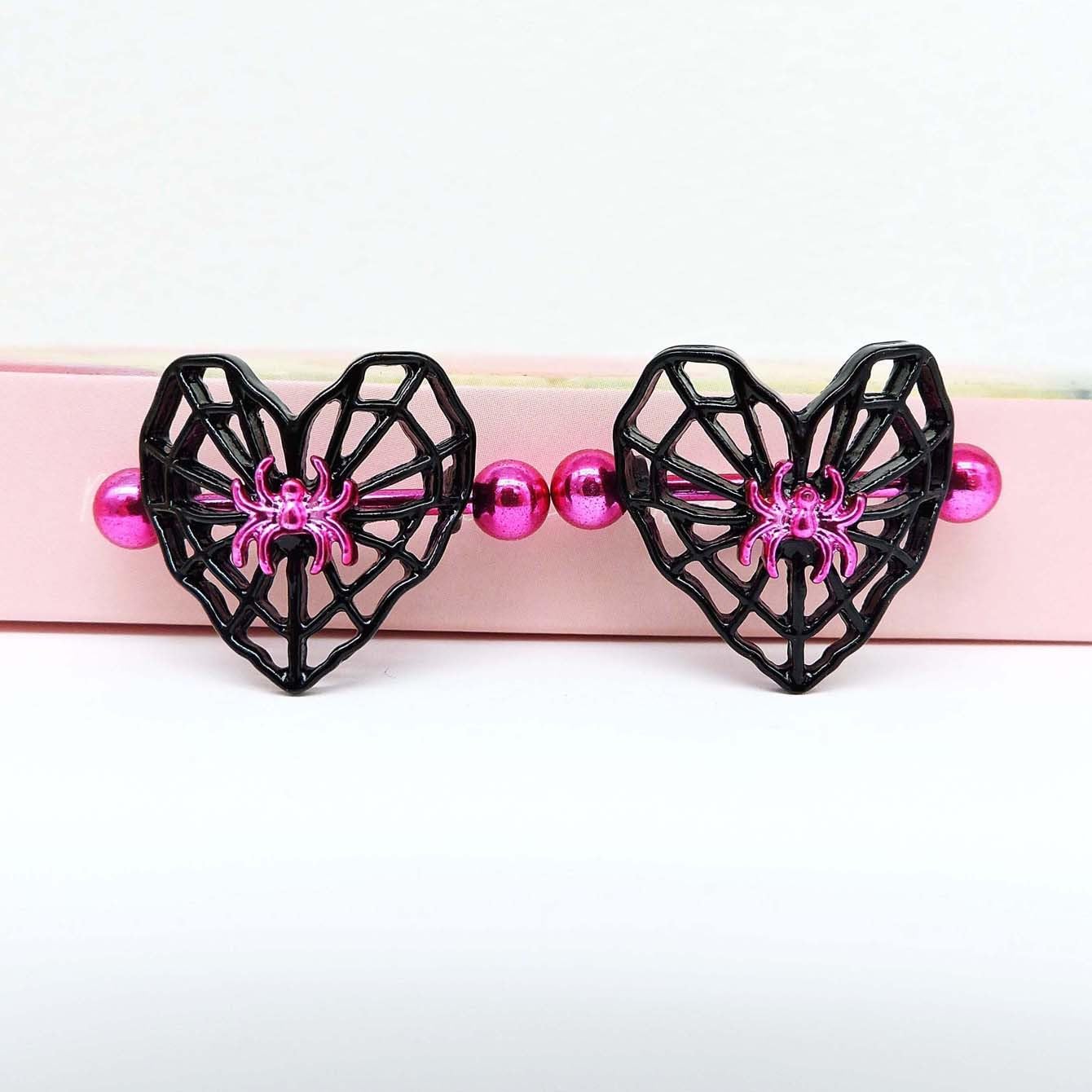 14G Heart Spider Web Nipple Rings for Women 316L Stainless Steel Black Spider Web Nipplerings Nipple Piercing Barbell Nipple Shield Studs Halloween Body Piercing Jewelry - Image 3