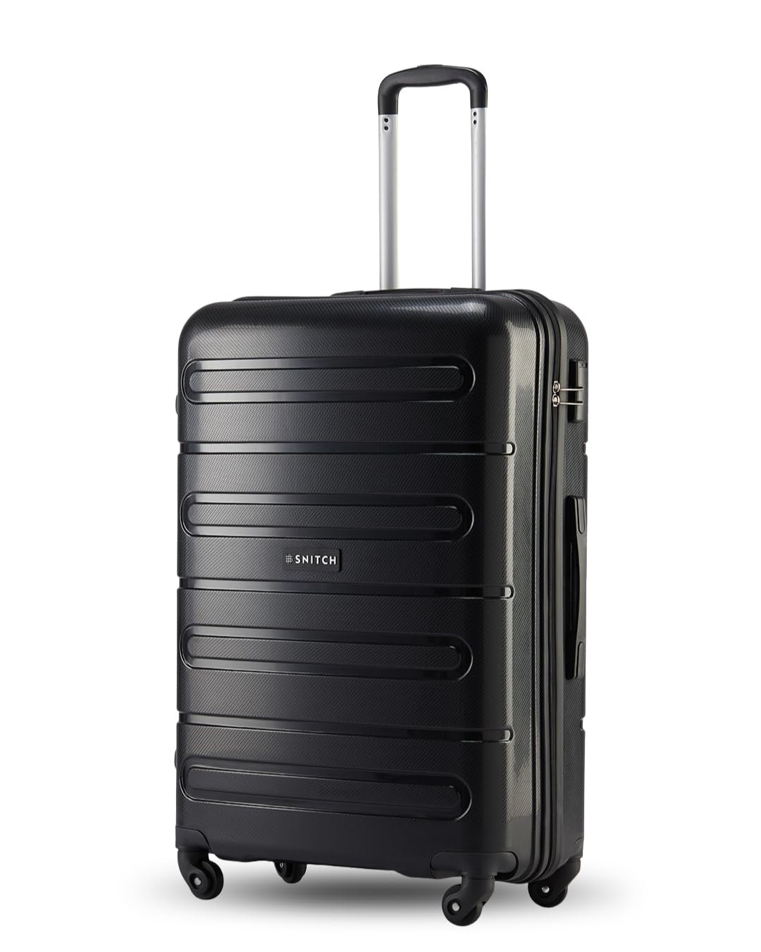 SNITCH Loop Large Size Black Polypropylene Hard Travel Suitcase - Large Trolley Bags & Luggage with 4 Wheels, Secure Lock & Free Shoe Bag