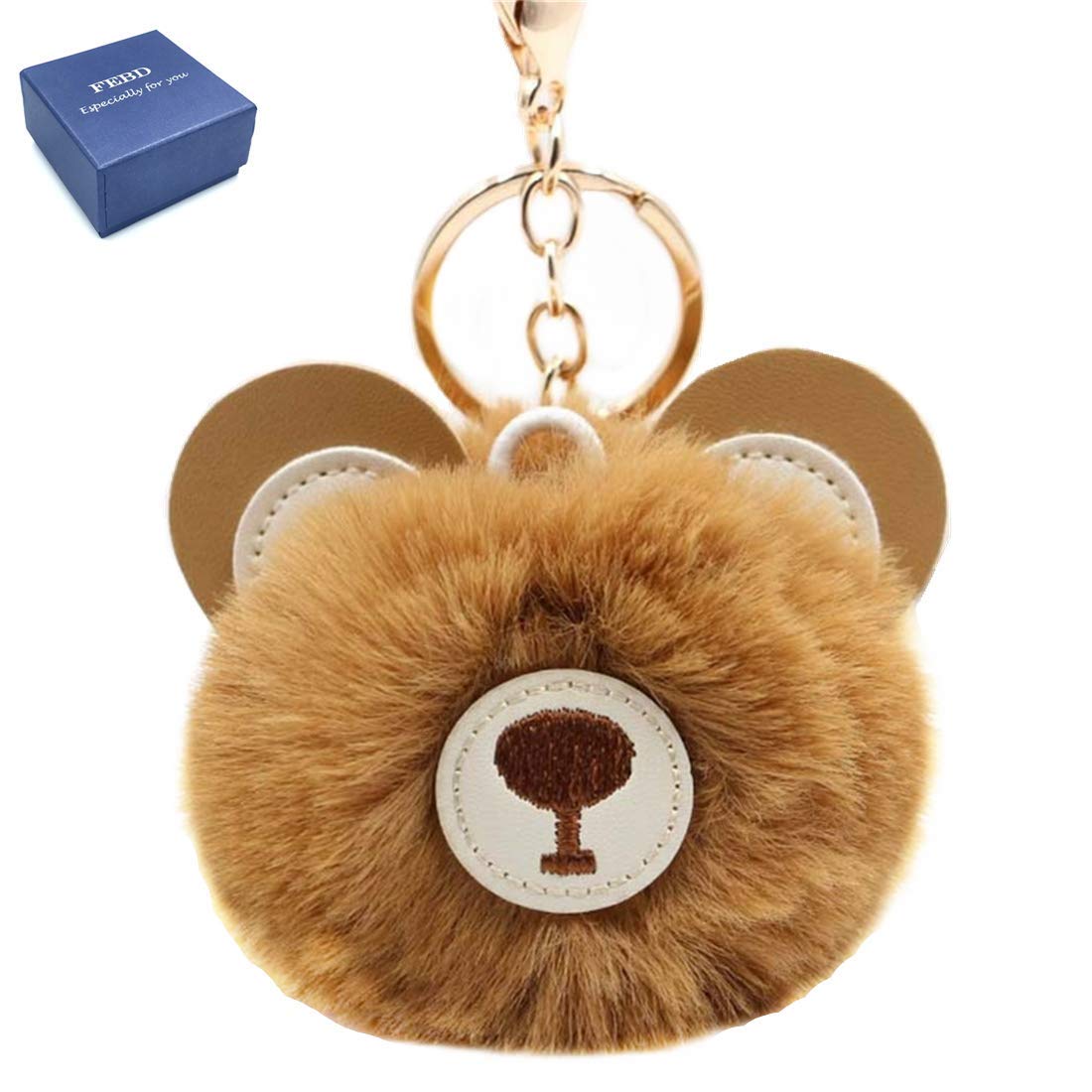 Women's Cute Bear Puffball keychain Faux Fur Ball Pom Pom Handbag Purse Plush Holder Keyring(Brown)