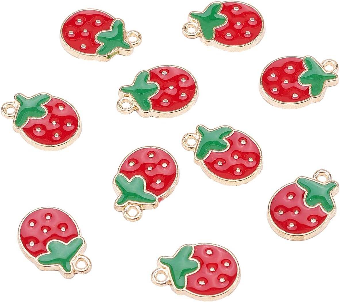 LiQunSweet 100 Pcs Red Strawberry Fruit LightGold Plated Alloy Enamelled Small Pendants for Jewelry Making DIY Craft - 16.5x11.5mm