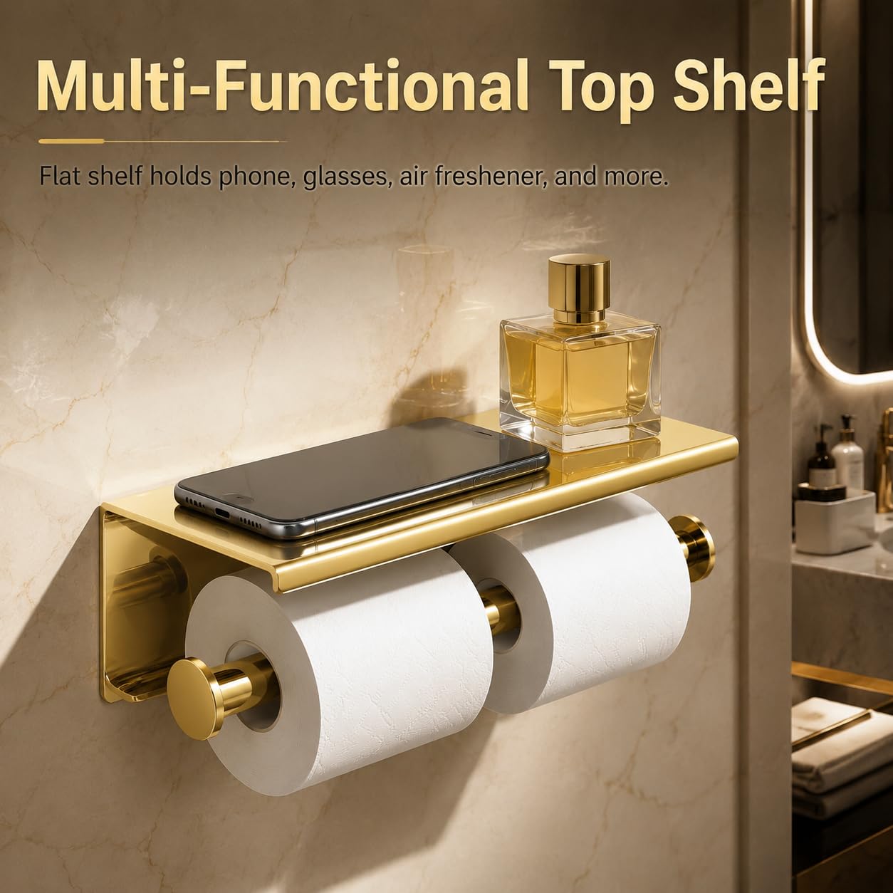 Toilet Paper Holder with Shelf, Stainless Steel, Holds 2 Rolls, Gold — Amazon image 4