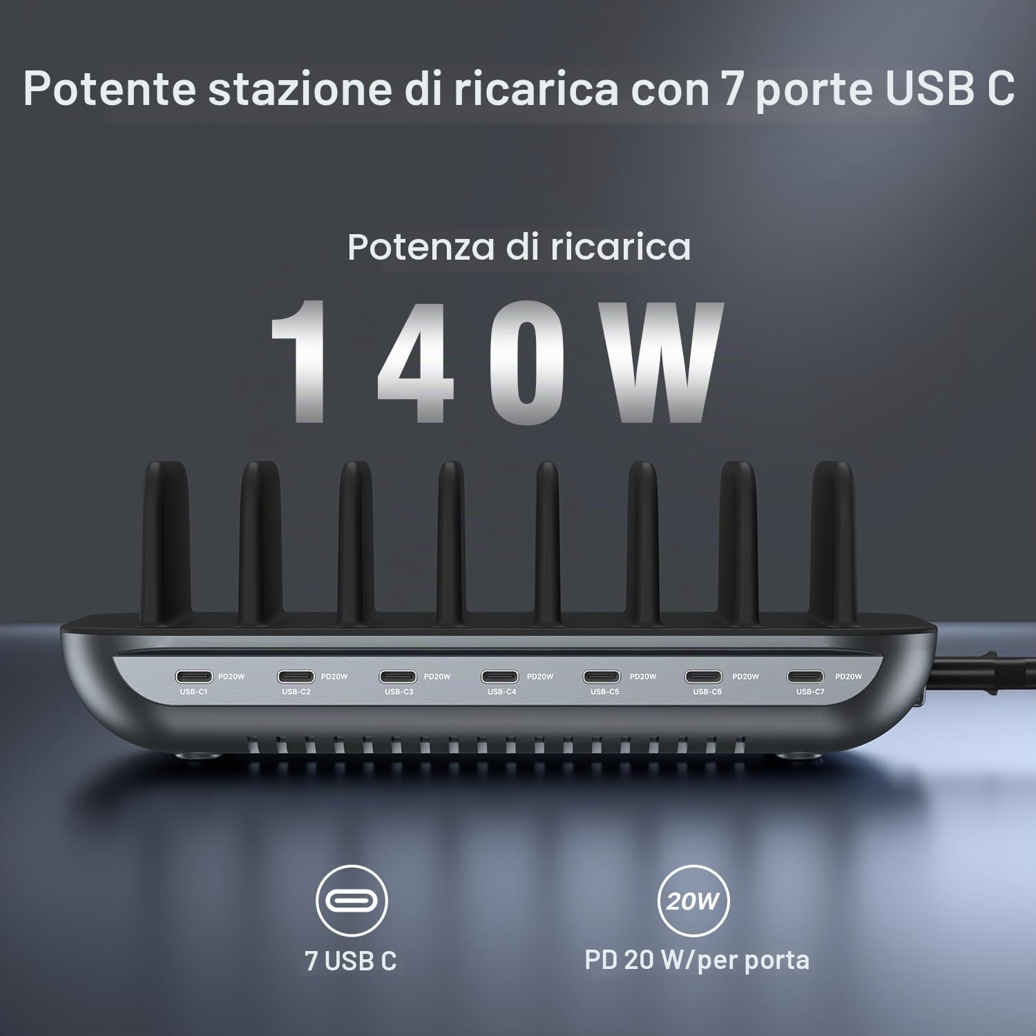 SooPii Stazione di ricarica USB C a 7 porte Premium da 140W per più dispositivi, ciascuna con ricarica rapida PD da 20W per telefono e tablet, 7 cavi misti inclusi, nero