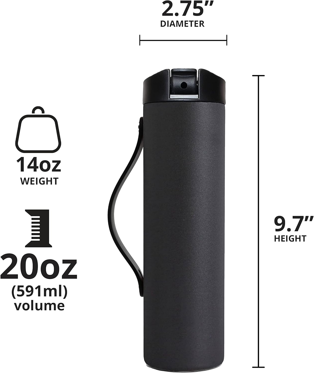 Elemental Iconic Stainless Steel Water Bottle with Straw - 20 oz Leak Proof Triple Wall Insulated Water Bottles for Travel and Sports - Reusable Gym Water Bottle with 2 Straws - Black