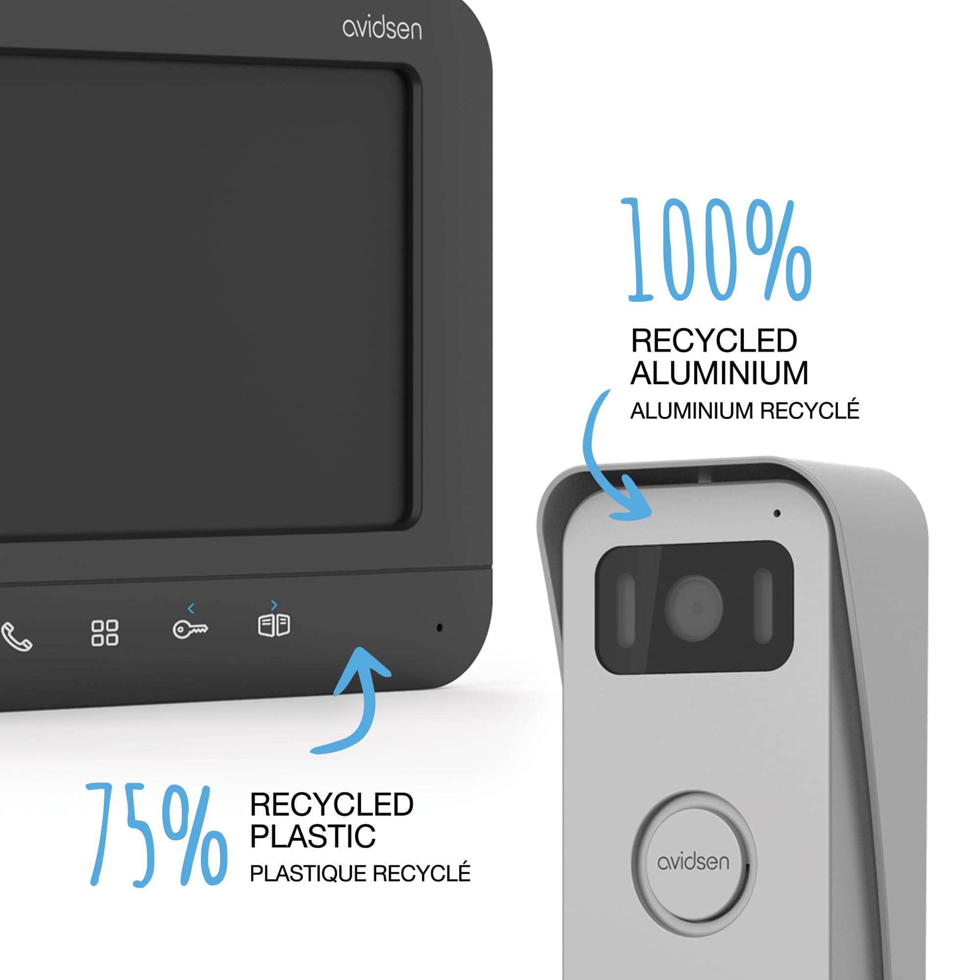 Avidsen Video-Türsprechanlage, 2-Draht Gegensprechanlage, 7 Zoll | 100 m, 800×480, 100° Kamera, Polarity Protect, IP44, Nachtansicht, 6 Klingeltöne